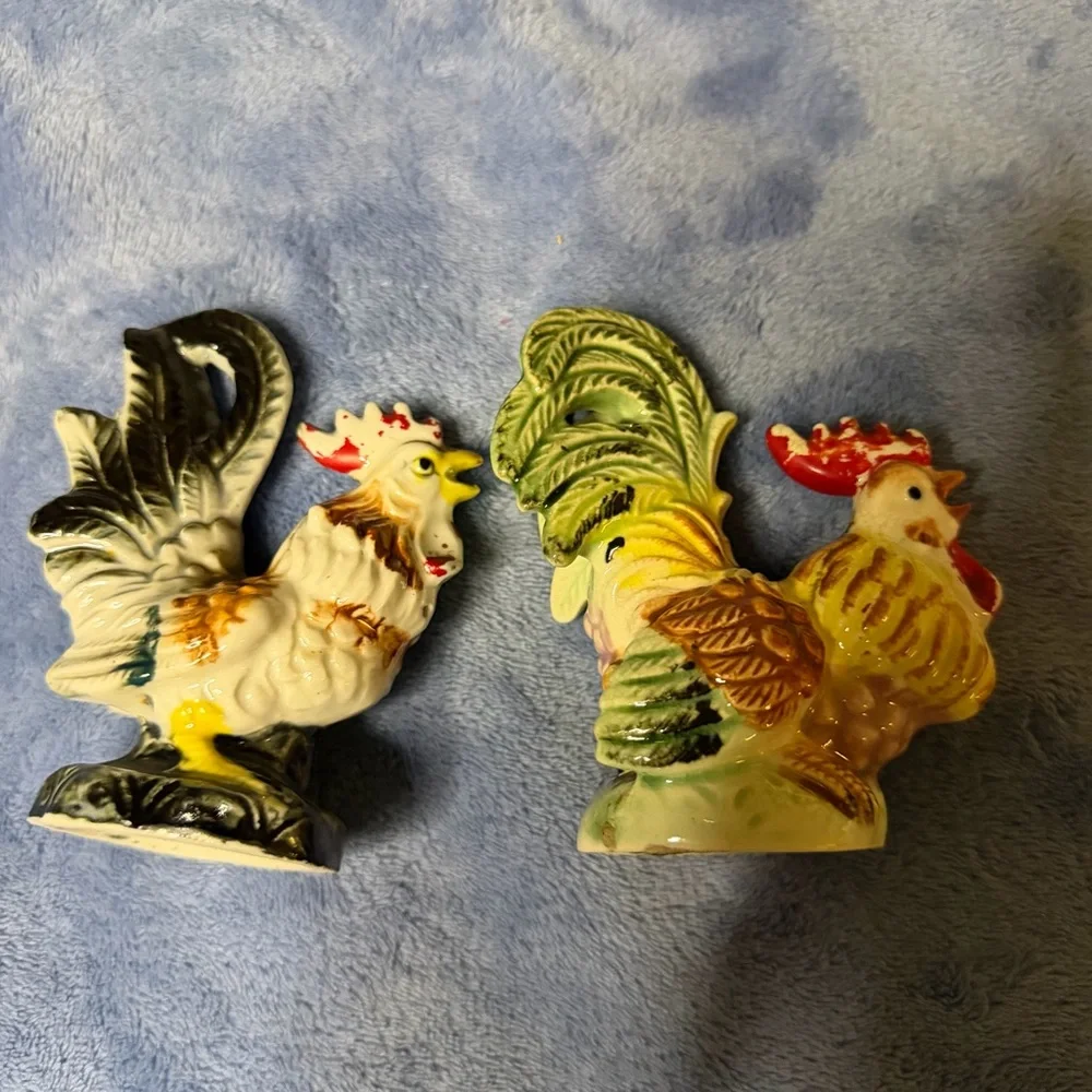 Vintage Colorful Ceramic Rooster Figurines‎ - Set of 2